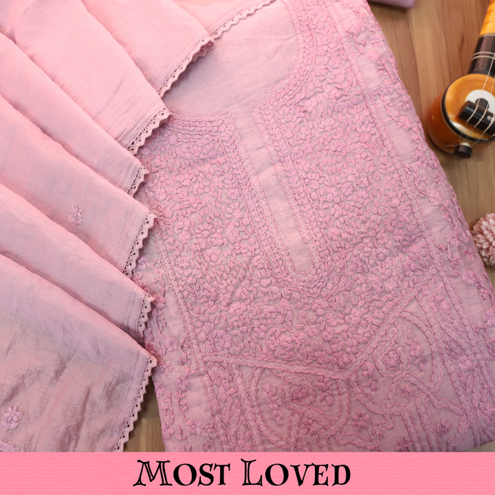 Premika Helip Mauve All Over Hand Embroidered Mul Chanderi Set