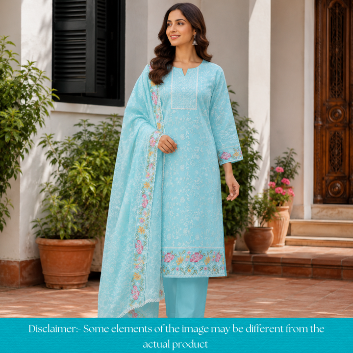 Jiya Ocean Aqua All Over Embroidered Work Cotton Set
