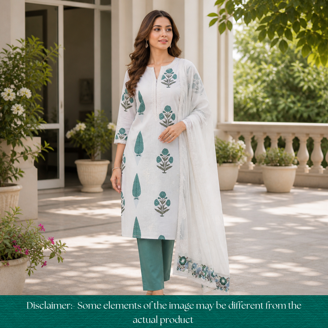 Kalyani Beige with Teal Block Printed Mul Chanderi Set