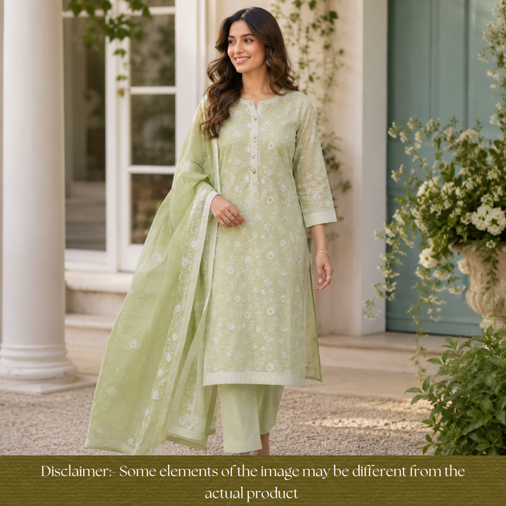 Jiya Mint Green All Over Embroidered Cotton Set