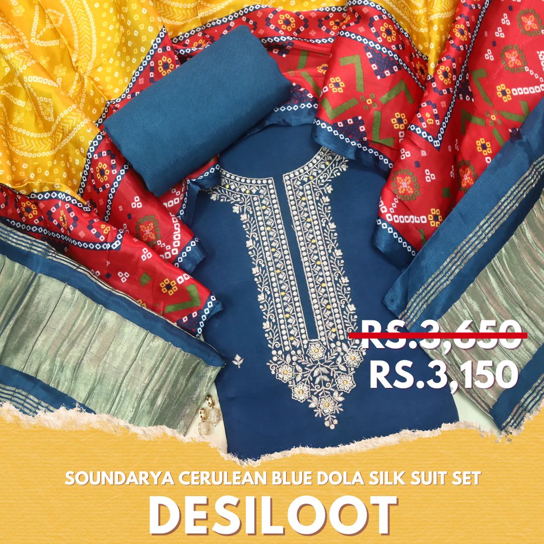 Soundarya Cerulean Blue Zari Work Designer Neck Dola Silk Suit Set