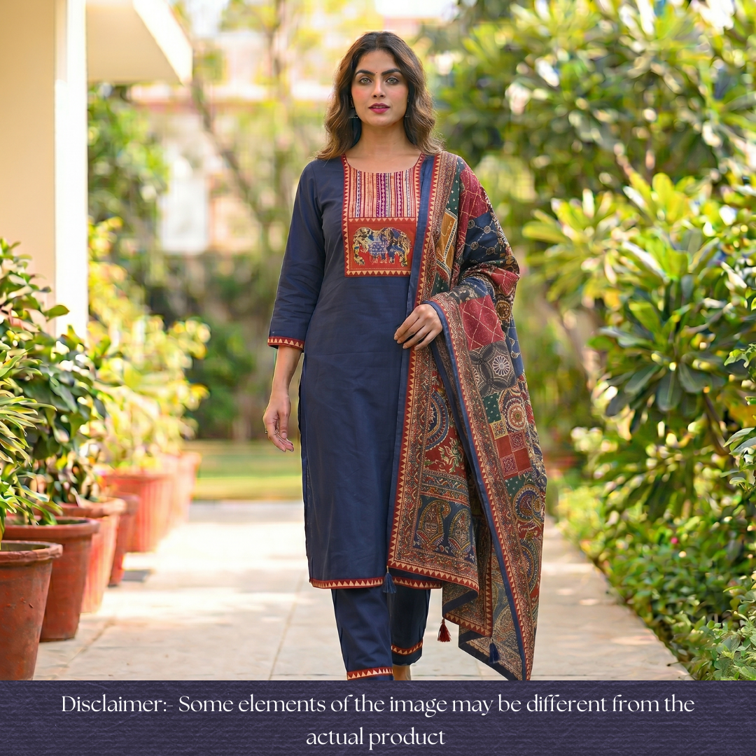 Jiya Royal Blue with Kalamkari Applique Patch Cotton Set