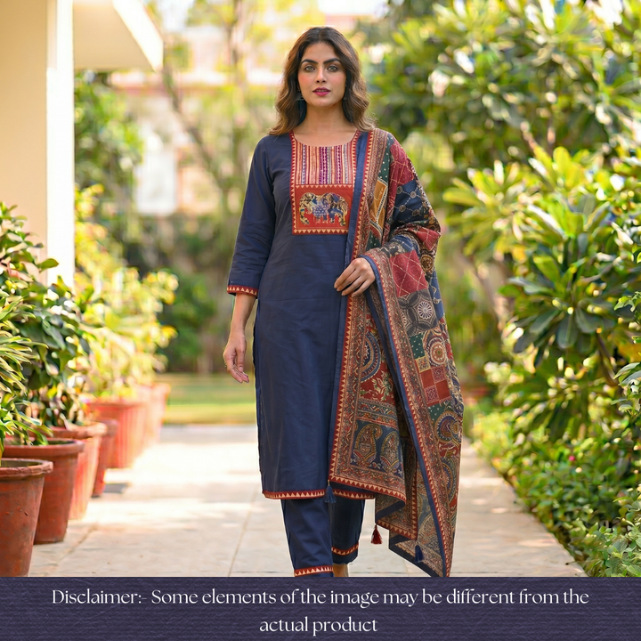Jiya Royal Blue with Kalamkari Applique Patch Cotton Set