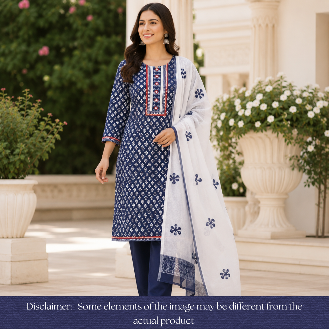 Padma Indigo Blue  Kutch Mirror Dabu Printed Cotton Suit Set D1