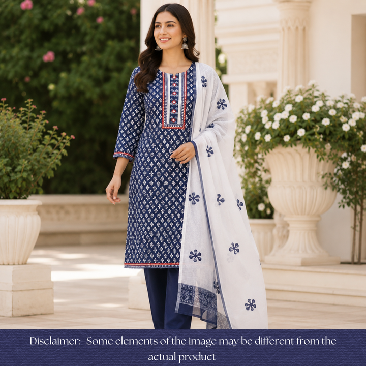 Padma Indigo Blue  Kutch Mirror Dabu Printed Cotton Suit Set D1