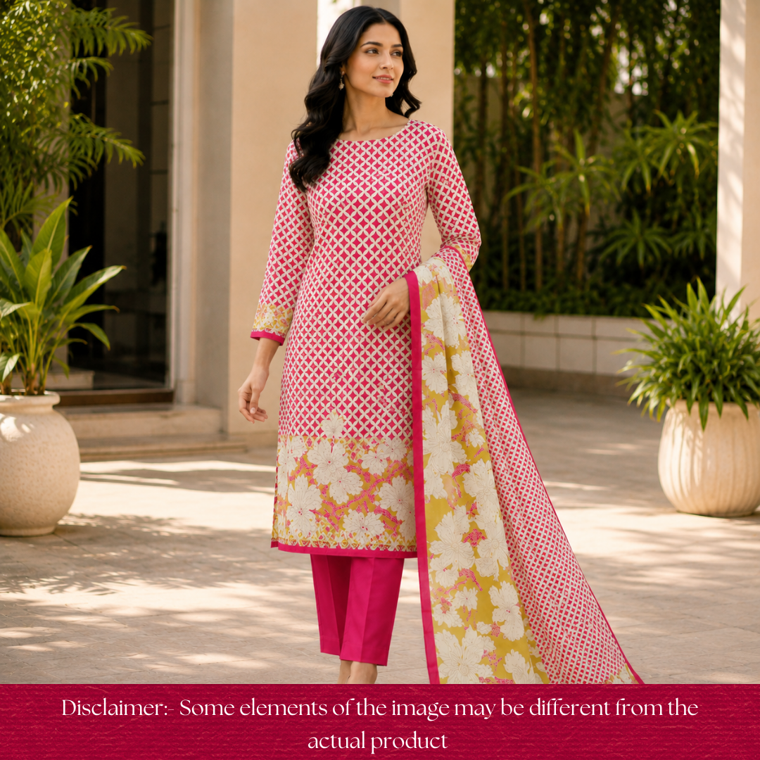 Amara Beige with Pink Floral Zari Work Digital Printed Jam Cotton Set