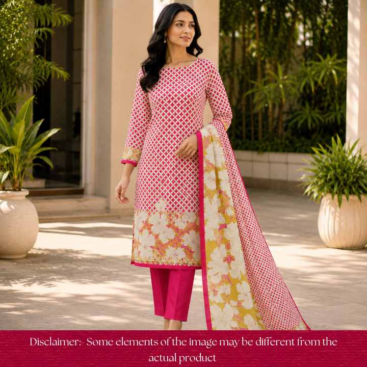 Amara Beige with Pink Floral Zari Work Digital Printed Jam Cotton Set