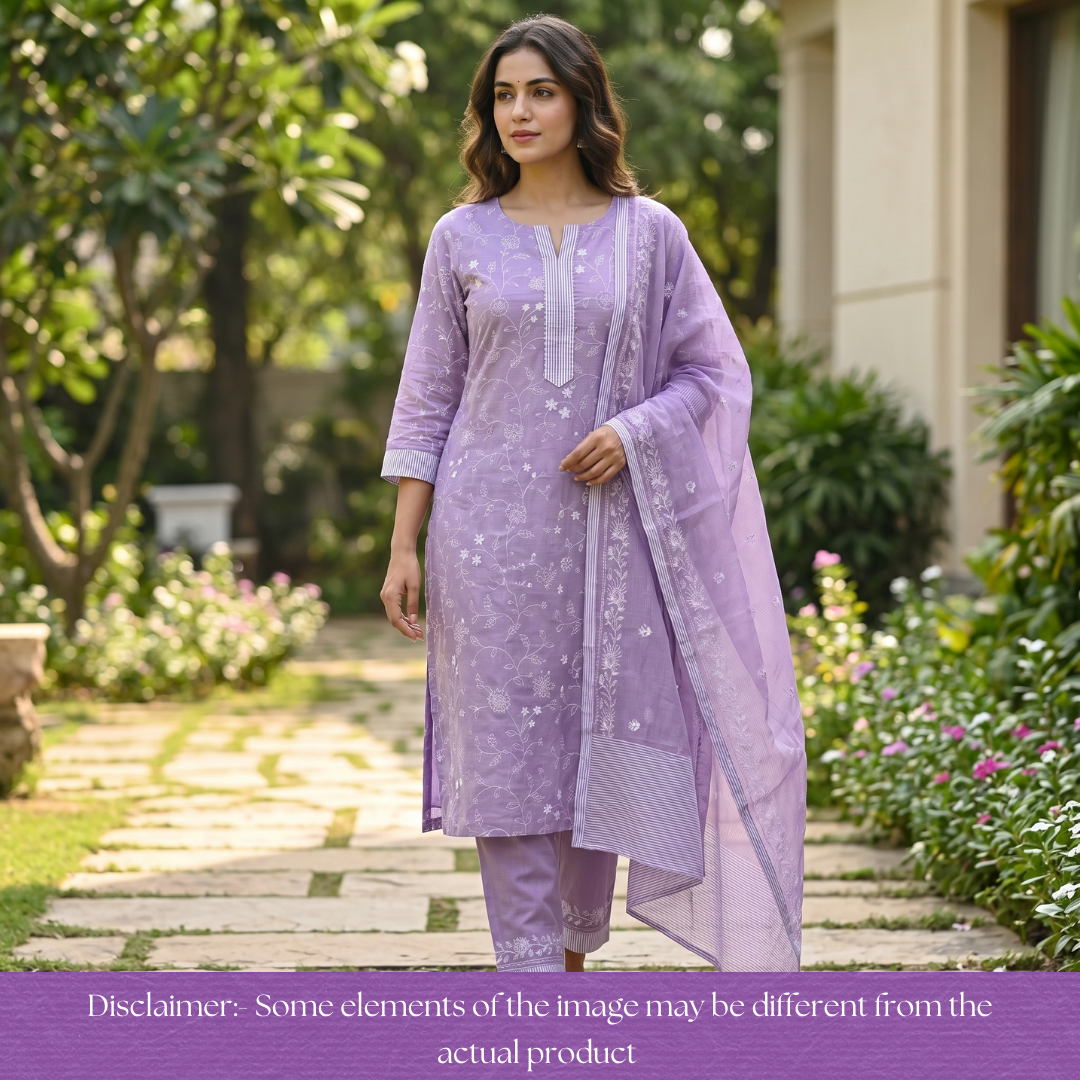 Jiya Helio Lilac All Over Embroidered Cotton Set