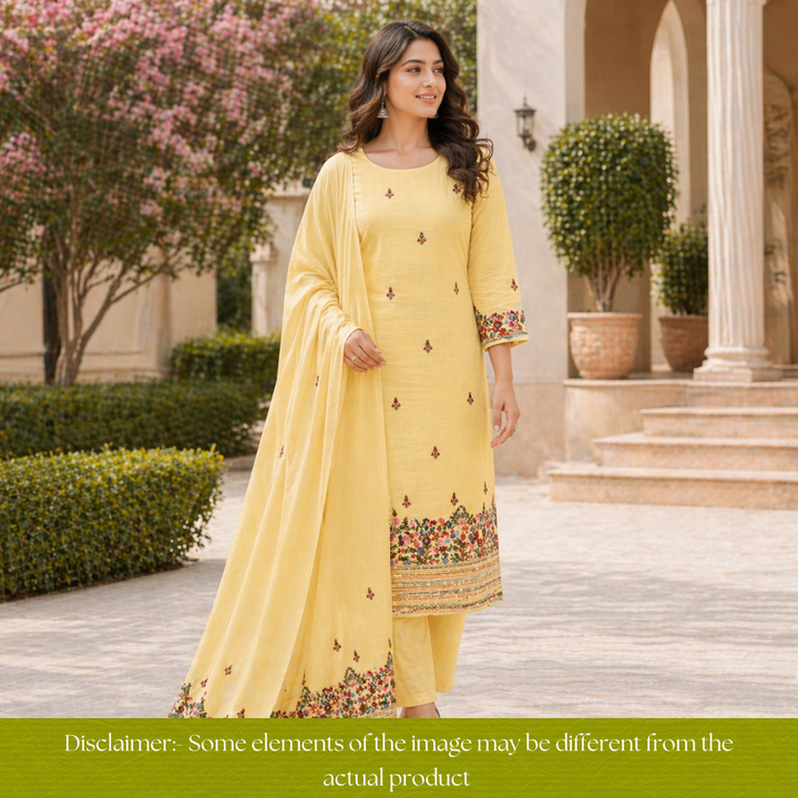 Gulbahar Butter Yellow Thread Embroidered Hem Work Kota Doriya Set