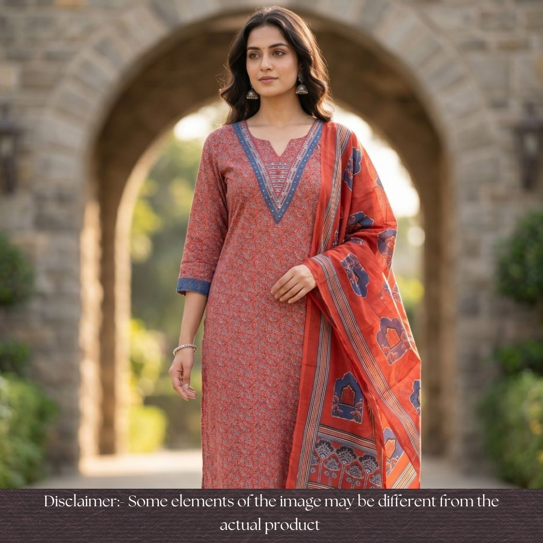 Sourya Cherry Red Lace Work in Ajrakh Print Cotton Set