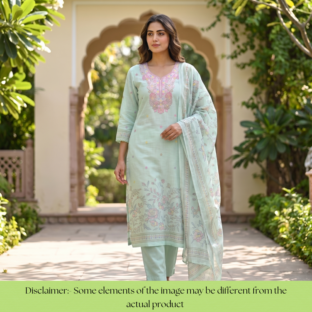 Bloom Mint Green Kashida Embroidered Cotton Linen Set