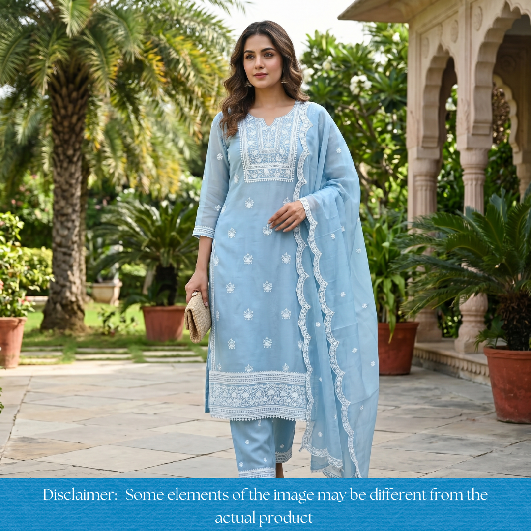 Rushali Ice Blue Embroidered Neck and Hem Mul Cotton Set