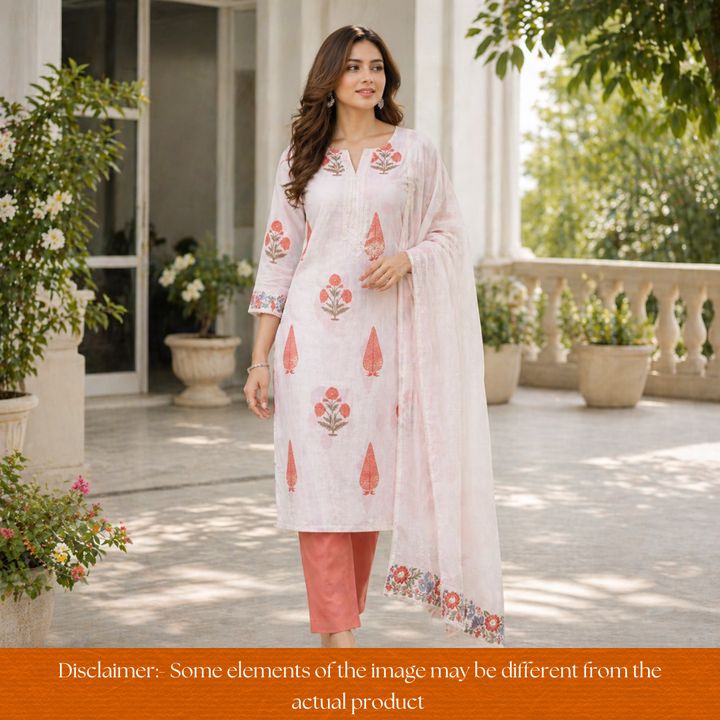 Kalyani Beige with Rust Block Printed Mul Chanderi Set