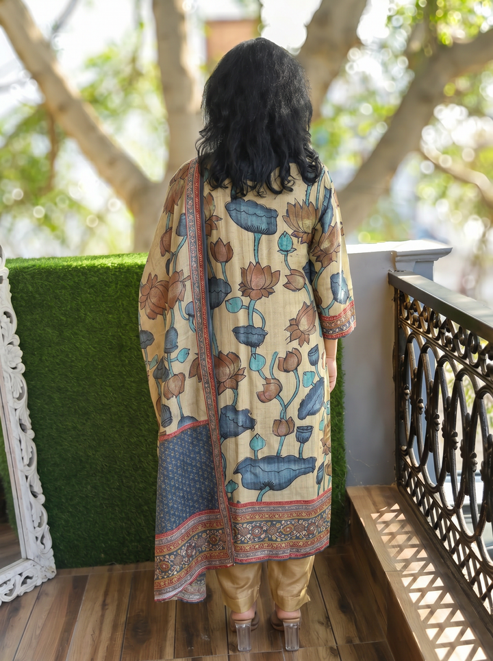 Rushali Beige Spiral Zari Work Printed Muslin 3 Piece Set