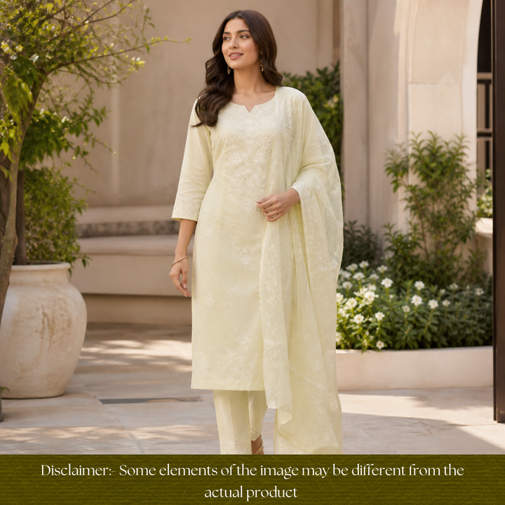 Palomi Butter Yellow Thread Embroidered Mal Chanderi Set