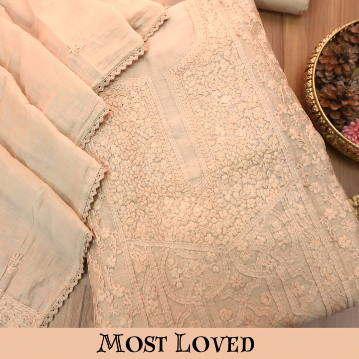 Premika Sand Beige All Over Hand Embroidered Mul Chanderi Set