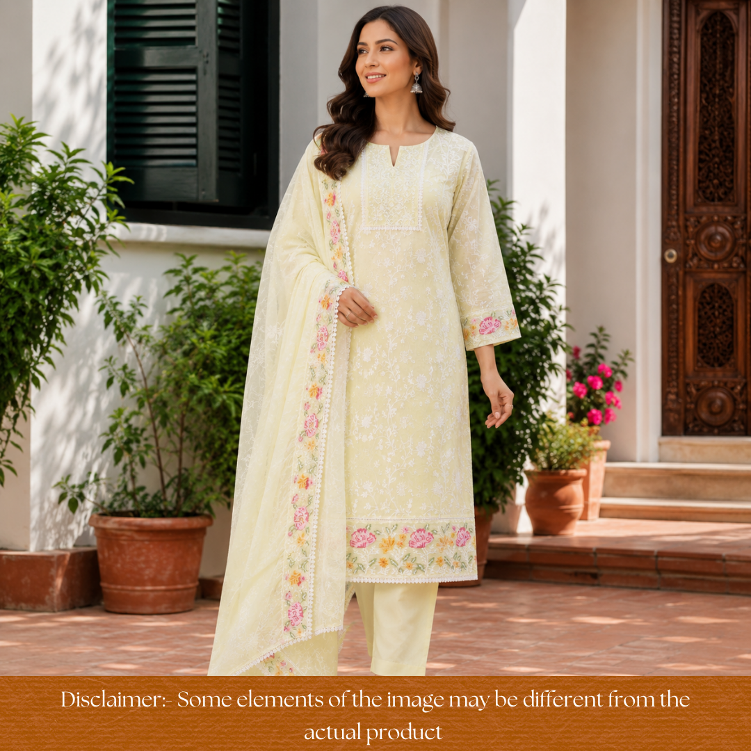 Jiya Butter Yellow All Over Embroidered Work Cotton Set