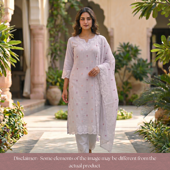 Yaleen Fossil Grey Thread Buti with Floral Patch Kota Doriya Set