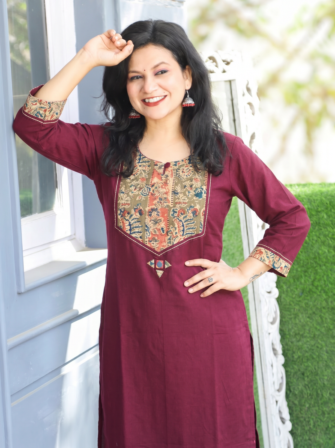 Kanak Wine Purple Kalamkari Printed Yoke Cotton Kurti