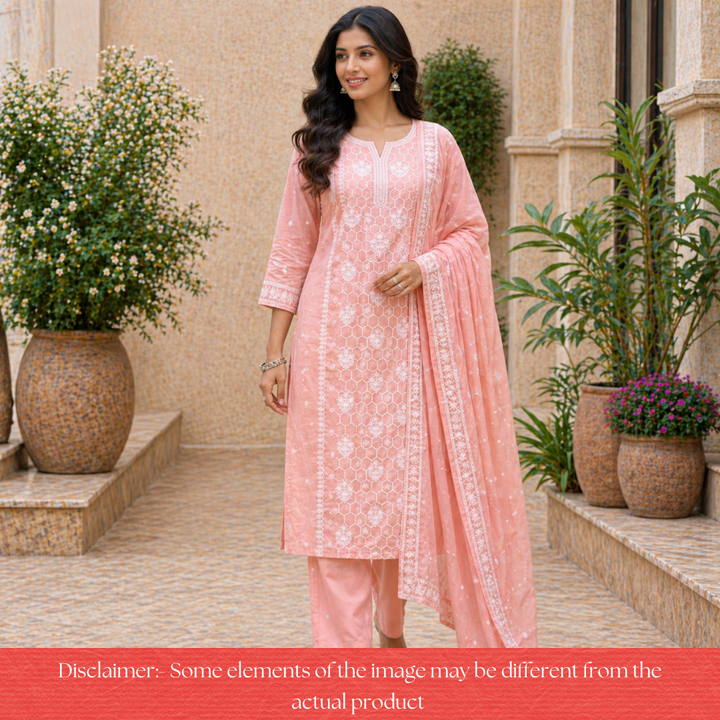 Vamika Pumpkin Peach Embroidered Panel Mul Chanderi Set