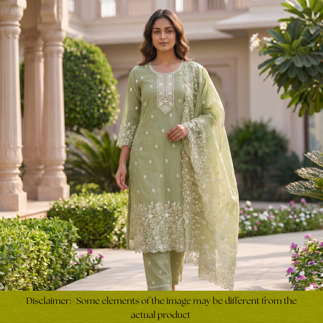 Rushali Mint Green Embroidered Neck and Hem Mul Cotton Set