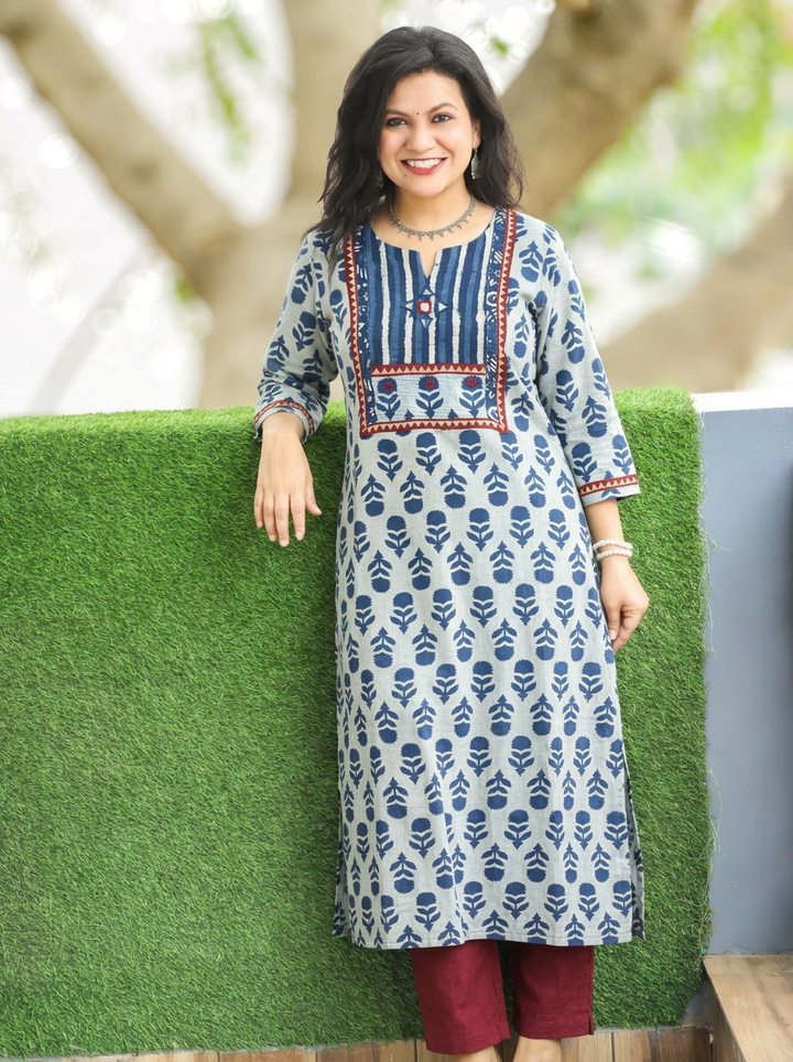 Shardha Iced Blue Kutch Dabu Cotton Kurti