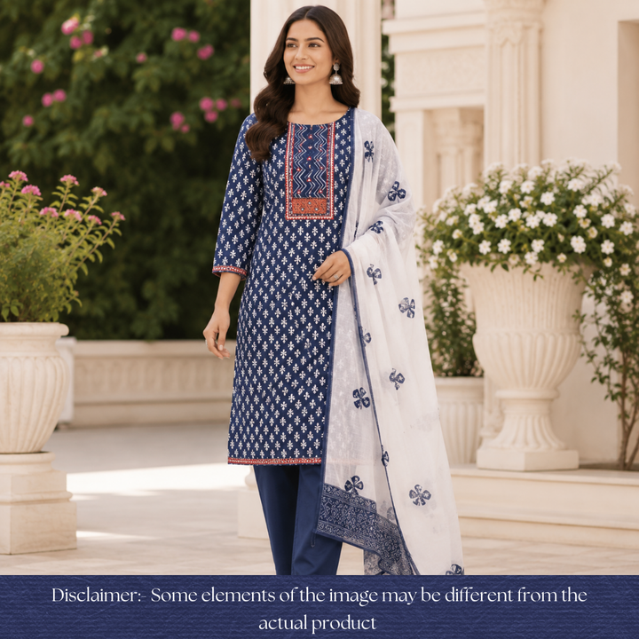Padma Indigo Blue  Kutch Mirror Dabu Printed Cotton Suit Set D2
