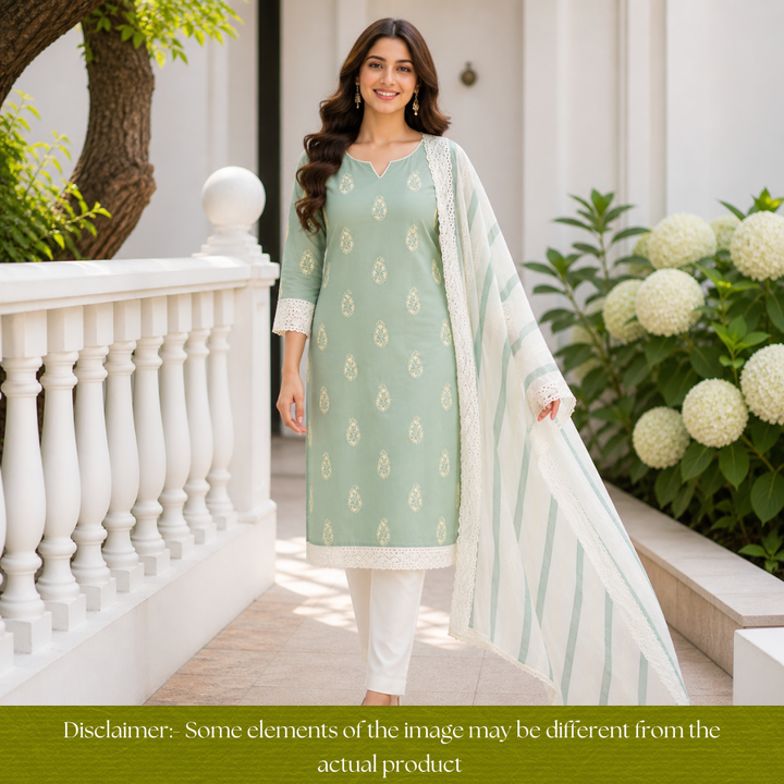 Jiya Sage Green French Knot Detailing Cotton Set