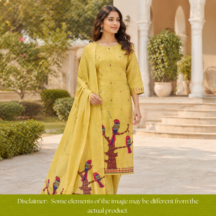 Ambarsari Yellow French Knot Bird Embroidered Work Linen Set
