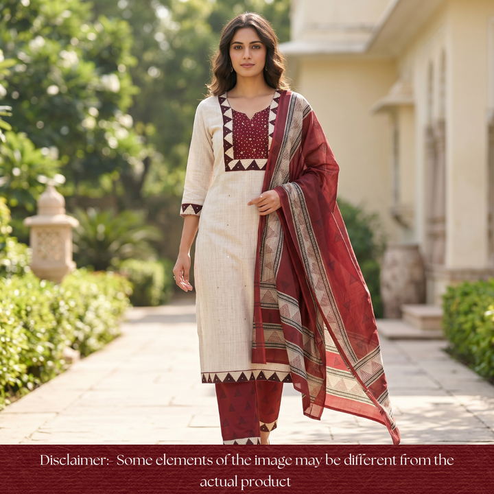 Haseena Hazel Tan with Maroon Printed Yoke Sequine Work Cotton Set