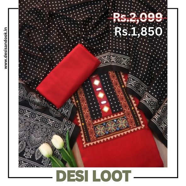 Farnaz Berry Red Mirror with Embroidered Patch on Neck Glazed Cotton Suit Set