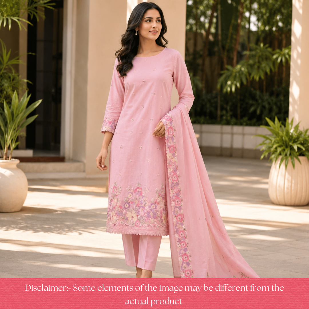 Mannat Rose Mauve Thread Embroidered Hem Mul Chanderi Set