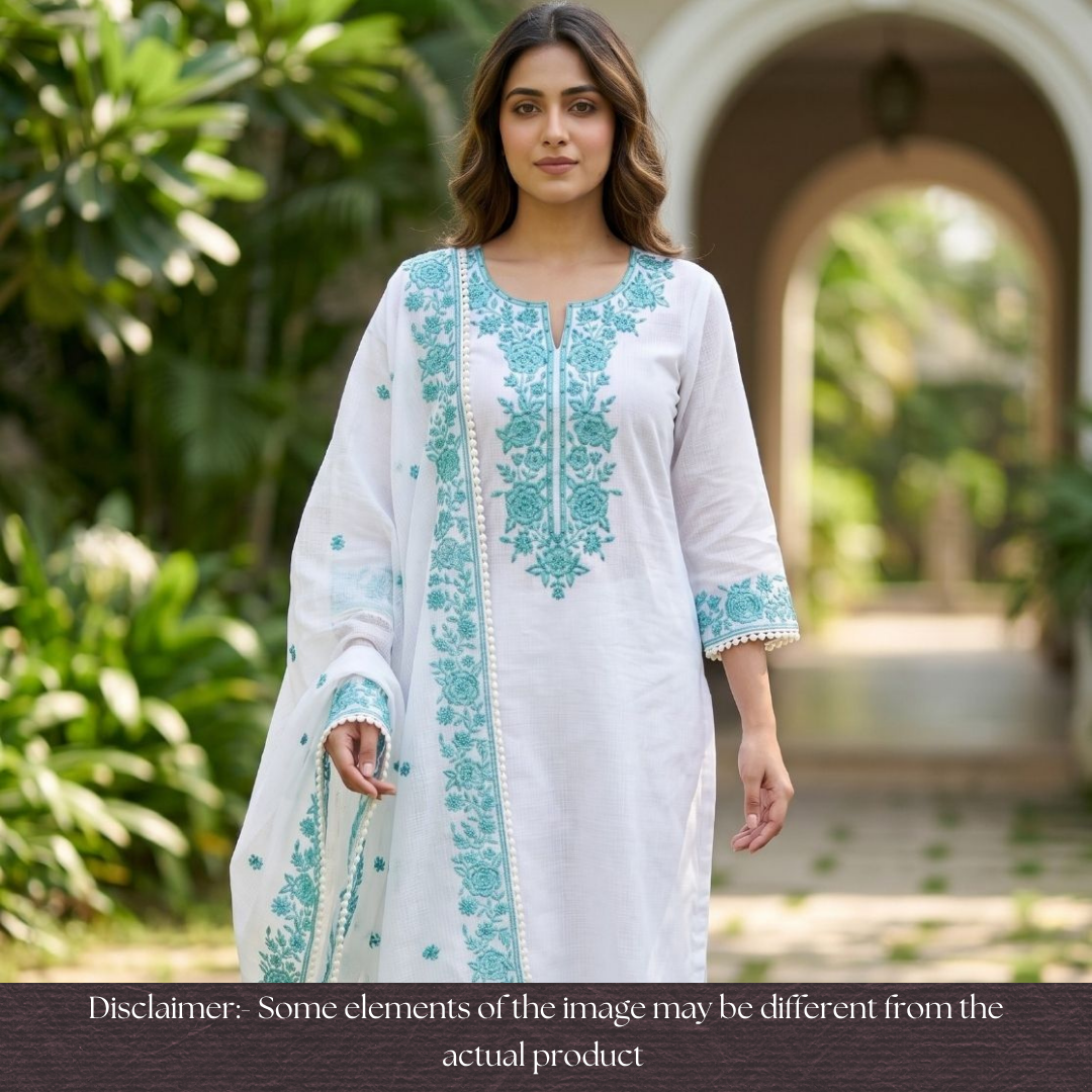 Hans Safed with Aqua Thread Embriodered Kota Doriya Set