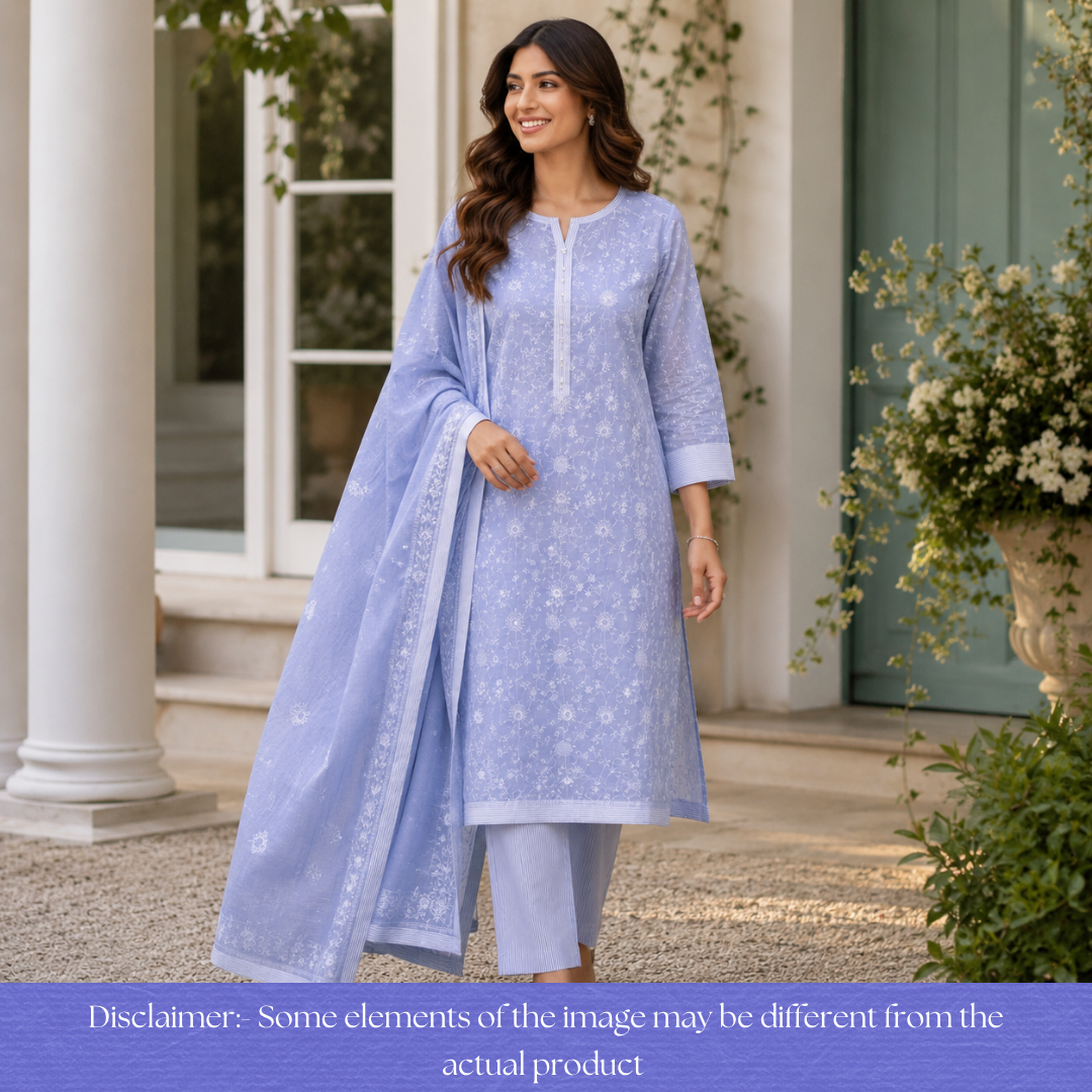 Jiya Greish Blue All Over Embroidered Cotton Set