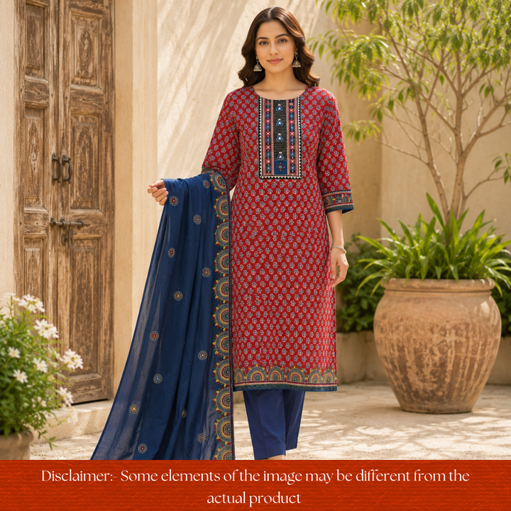 Vaniya Cherry Red Kutch Mirror Yoke Ajrak Print Cotton Set