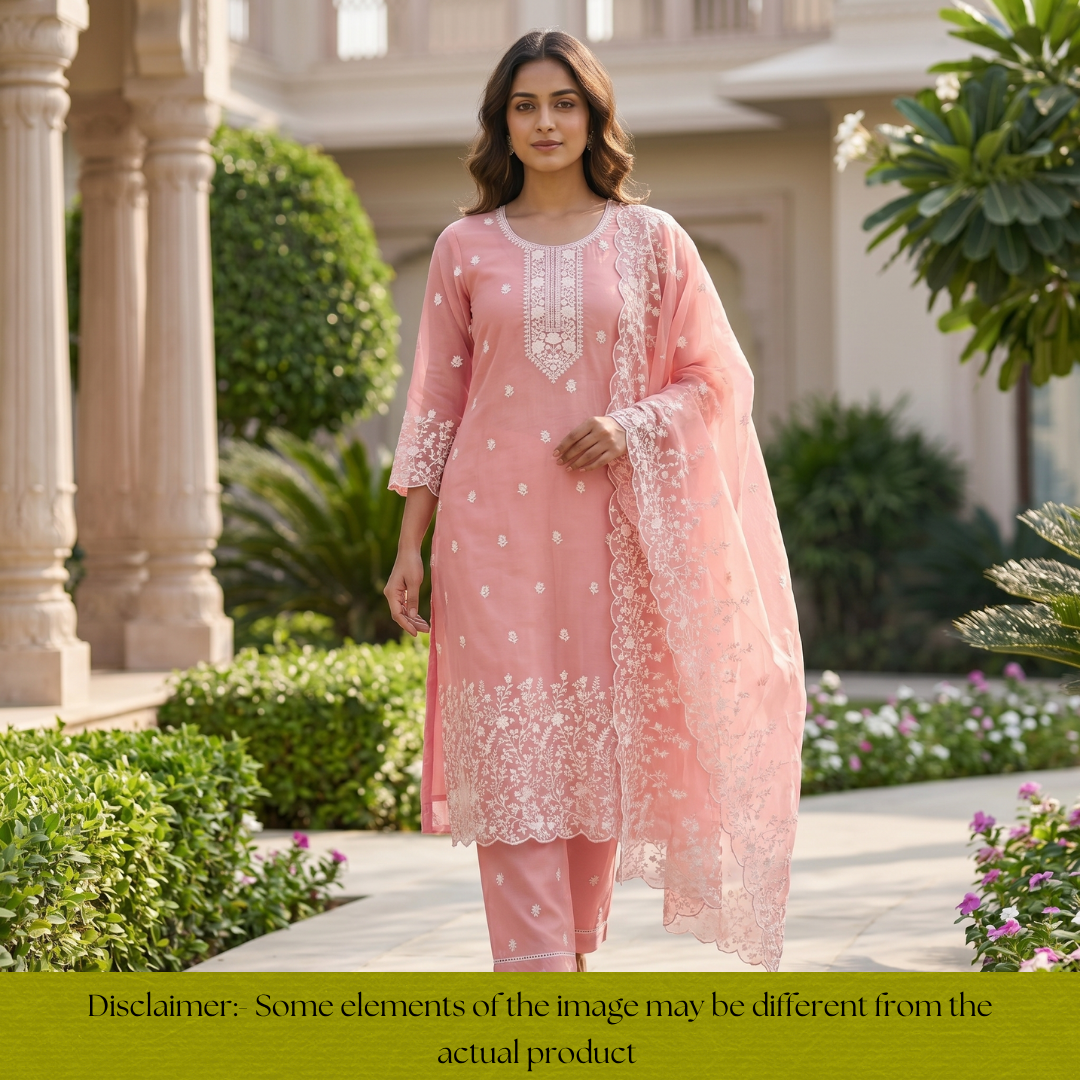 Rushali Frosty Blush Embroidered Neck and Hem Mul Cotton Set