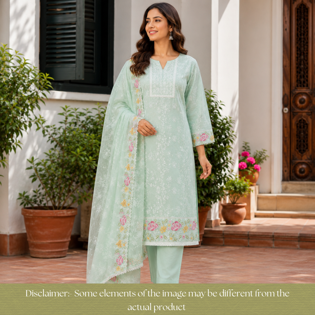 Jiya Mint Green All Over Embroidered Work Cotton Set