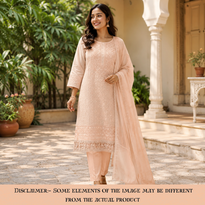 Premika Sand Beige All Over Hand Embroidered Mul Chanderi Set