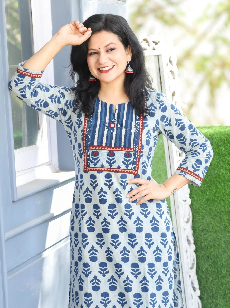 Shardha Iced Blue Kutch Dabu Cotton Kurti