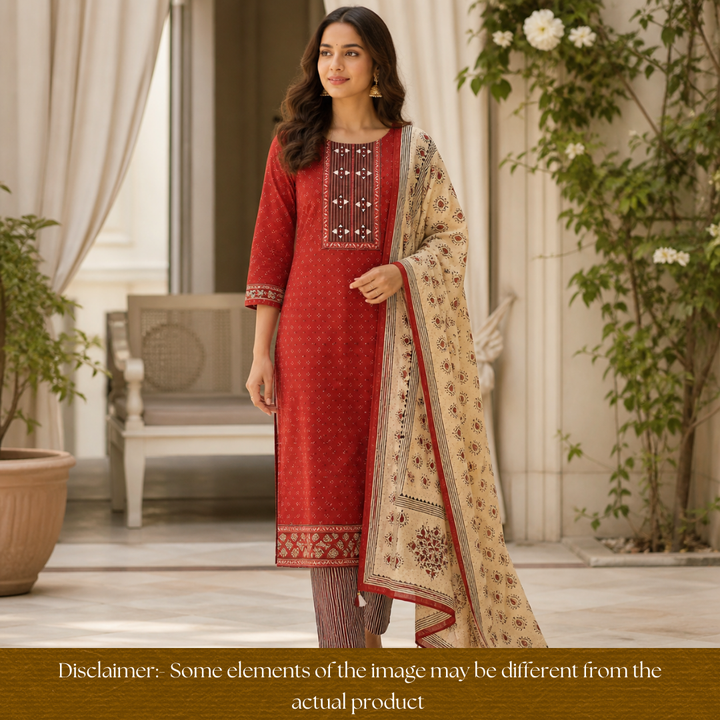 Khushi Red Kutch Patch with Mirror Work Ajrakh Print Cotton Set