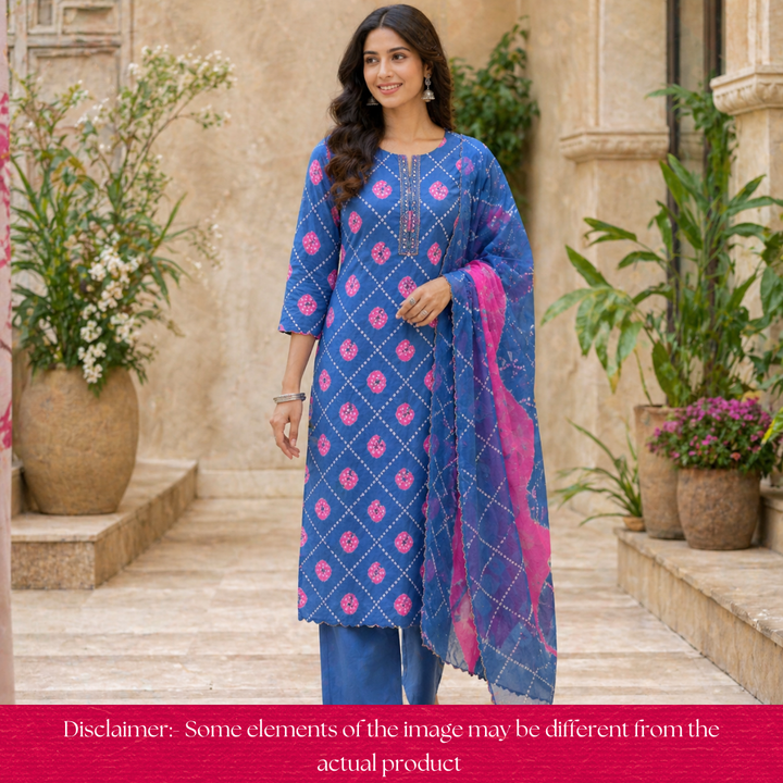 Bilori Amber Blue Lace Patch Authentic Bandhej Work Cotton Suit Set