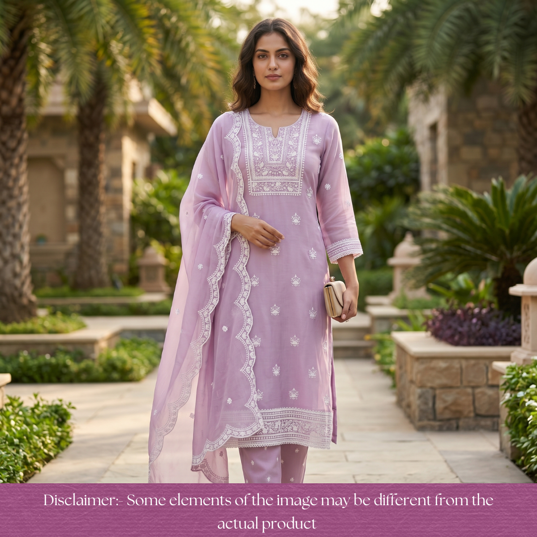 Rushali Pastel Lilac Embroidered Neck and Hem Mul Cotton Set