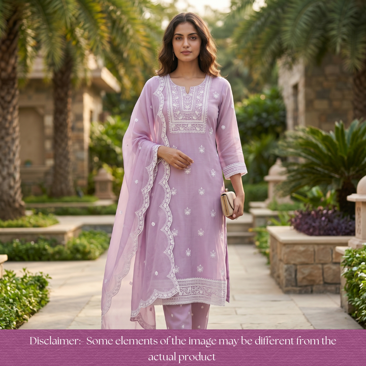 Rushali Pastel Lilac Embroidered Neck and Hem Mul Cotton Set