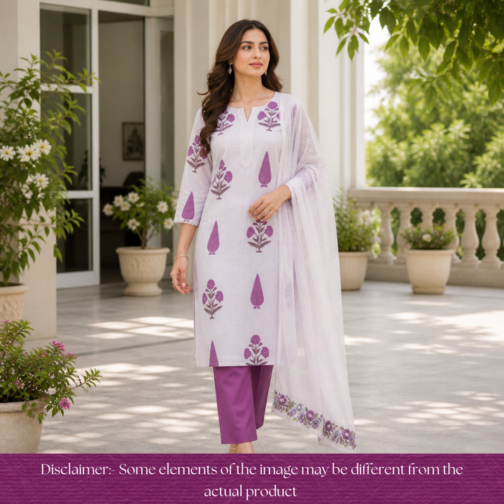 Kalyani Beige with Purple Block Printed Mul Chanderi Set