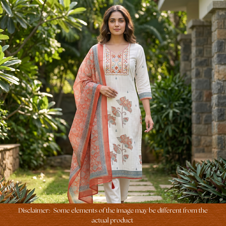 Avantika Beige with Orange Kolkata Hand Embroidered Cotton Linen Set