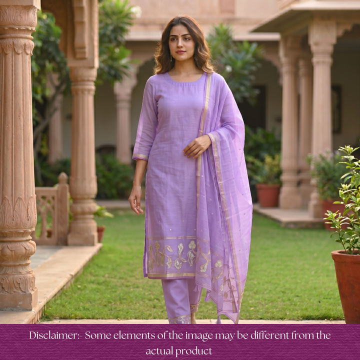 Eyana Orchid Purple Zari Detailing Tussar Cotton Chanderi Set