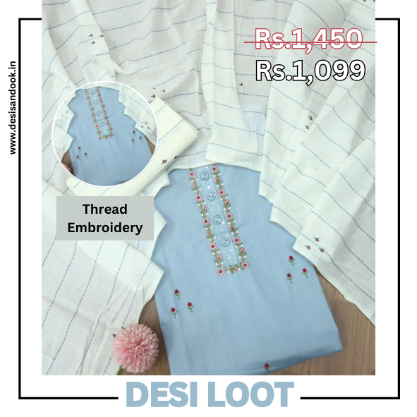 Nazara Spruce Blue Thread Embroidery Neck Work with Button Cotton Suit Set
