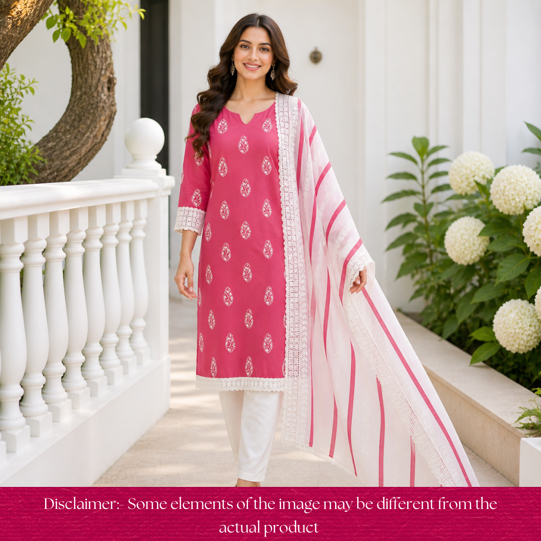 Jiya Flamingo Pink French Knot Detailing Cotton Set