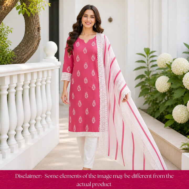 Jiya Flamingo Pink French Knot Detailing Cotton Set