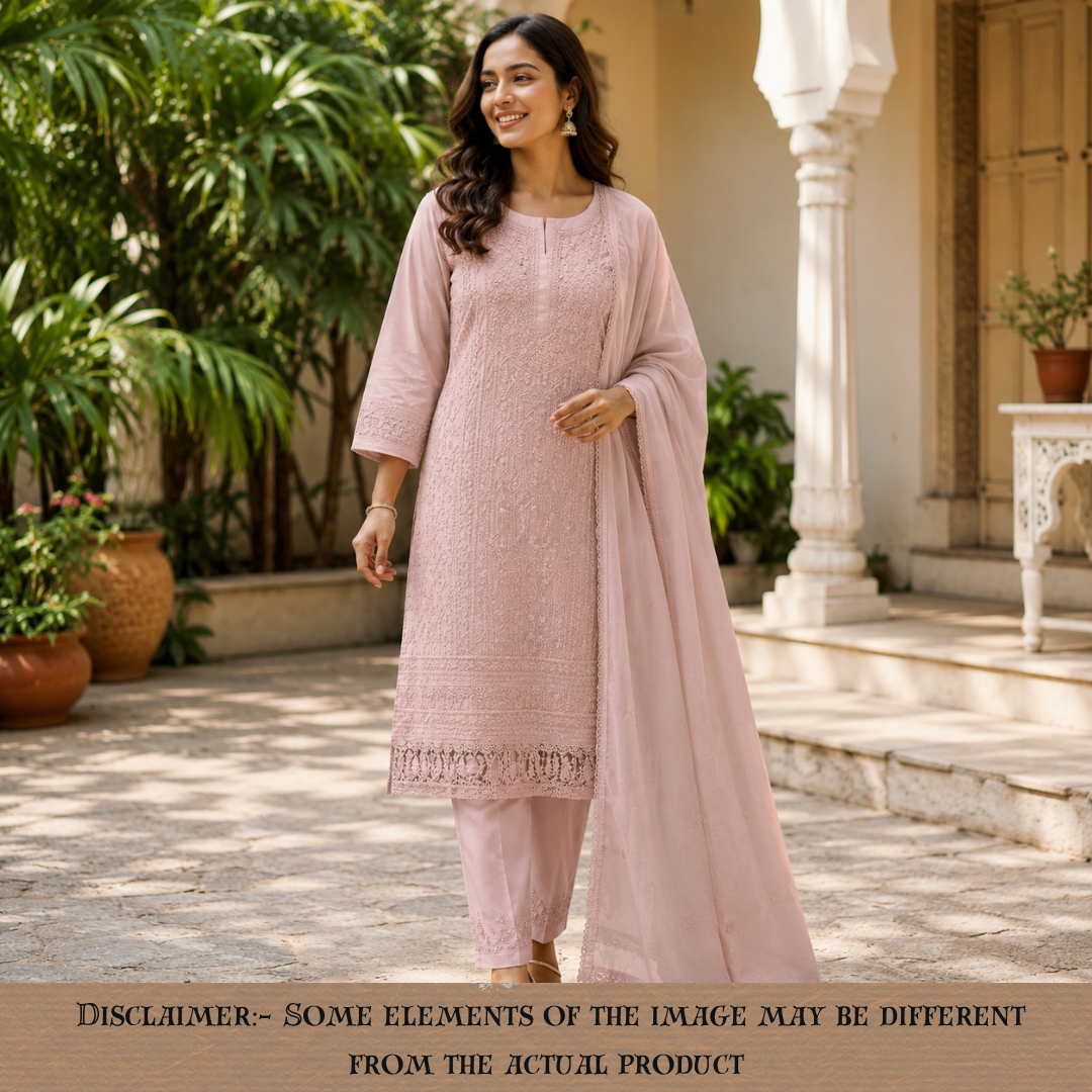 Premika Coco Brown All Over Hand Embroidered Mul Chanderi Set